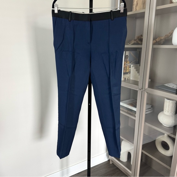 Celine Tuxedo Pants Navy Wool Black Silk Blend Stripe Leg Ankle Trousers 40 - Picture 1 of 6